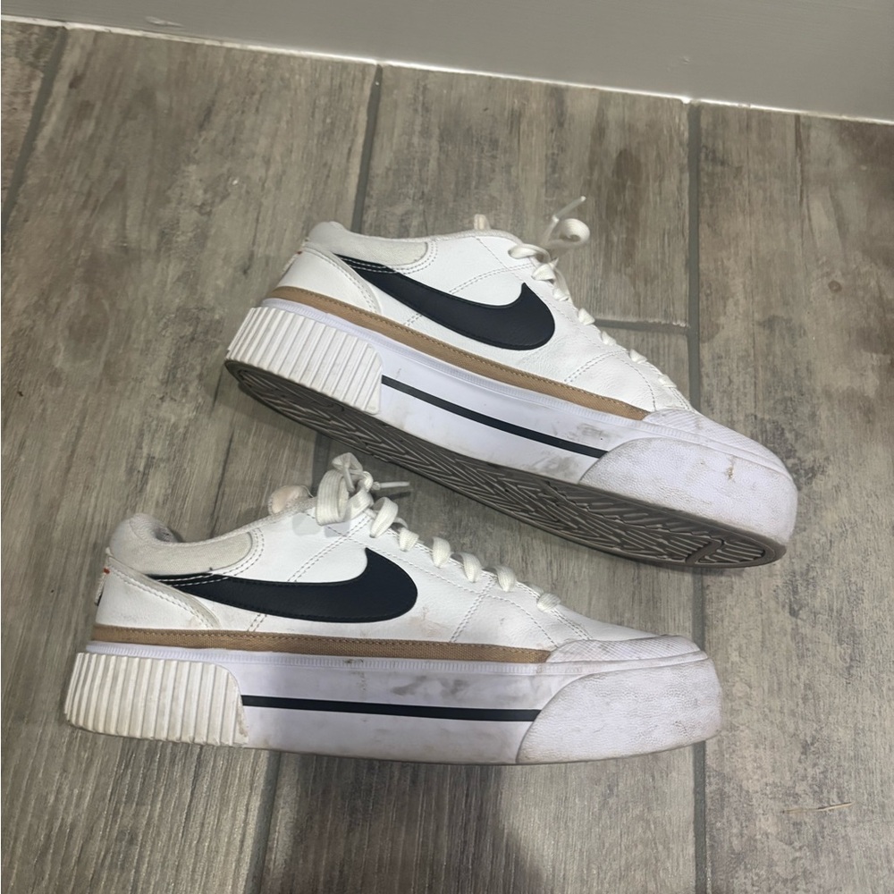 Nike White Low-Top Platform Sneakers with Black Swoosh and Tan Trim